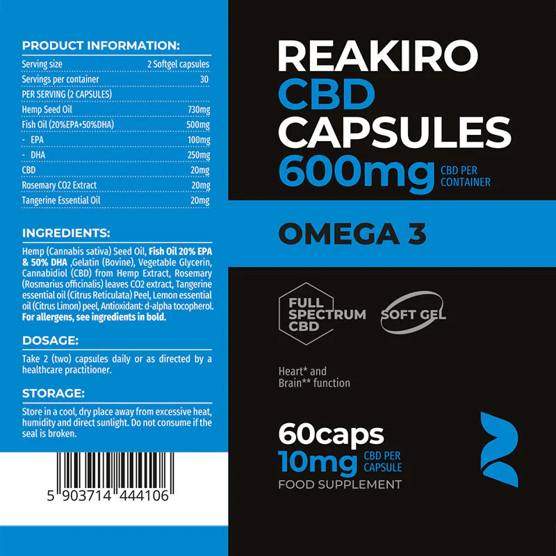 Omega 3 CBD Capsules 600mg – EPA & DHA Enriched Gel Caps by Reakiro